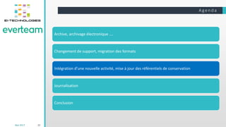 Age nda
22Mai 2017
Archive, archivage électronique ….
Changement de support, migration des formats
Intégration d’une nouvelle activité, mise à jour des référentiels de conservation
Journalisation
Conclusion
 