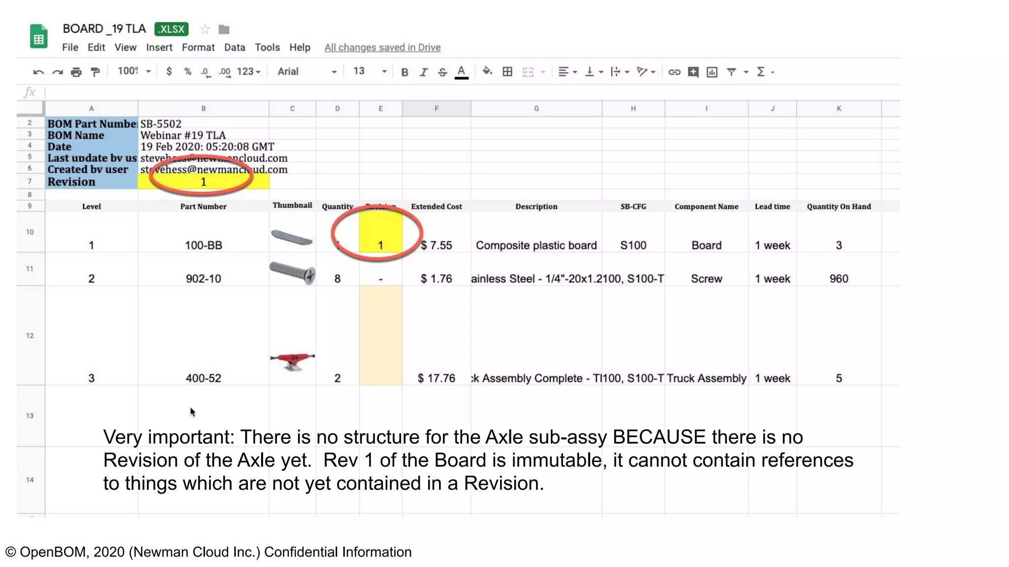 © OpenBOM, 2020 (Newman Cloud Inc.) Confidential Information
Very important: There is no structure for the Axle sub-assy BECAUSE there is no
Revision of the Axle yet. Rev 1 of the Board is immutable, it cannot contain references
to things which are not yet contained in a Revision.
 