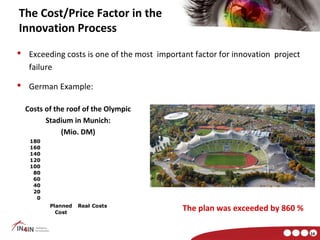 The Cost/Price Factor in the
Innovation Process
 Exceeding costs is one of the most important factor for innovation project
  failure

 German Example:

  Costs of the roof of the Olympic
        Stadium in Munich:
             (Mio. DM)
   180
   160
   140
   120
   100
    80
    60
    40
    20
     0
         Planned
           Cost
                   Real Costs
                                            The plan was exceeded by 860 %

                                                                               16
 