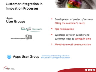 Customer Integration in
Innovation Processes

                           Development of products/ services
                            fitting the customer’s needs

                           Risk minimization

                           Synergies between supplier and
                            customer leads to savings in time

                           Mouth-to-mouth communication




                                                                17
 