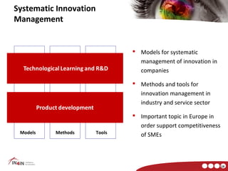 Systematic Innovation
Management


                                 Models for systematic
                                  management of innovation in
                                  companies

                                 Methods and tools for
                                  innovation management in
                                  industry and service sector

                                 Important topic in Europe in
                                  order support competitiveness
 Models   Methods       Tools     of SMEs



                                                                  19
 