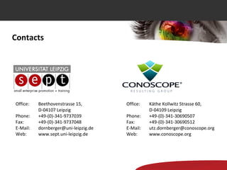 Contacts




Office:   Beethovenstrasse 15,        Office:   Käthe Kollwitz Strasse 60,
          D-04107 Leipzig                       D-04109 Leipzig
Phone:    +49-(0)-341-9737039         Phone:    +49-(0)-341-30690507
Fax:      +49-(0)-341-9737048         Fax:      +49-(0)-341-30690512
E-Mail:   dornberger@uni-leipzig.de   E-Mail:   utz.dornberger@conoscope.org
Web:      www.sept.uni-leipzig.de     Web:      www.conoscope.org
 