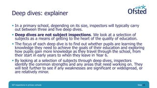 Deep dives: explainer
 In a primary school, depending on its size, inspectors will typically carry
out between three and ...