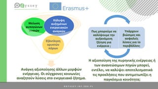 Ανάγκη αξιοποίησης άλλων μορφών
ενέργειας. Οι σύγχρονες κοινωνίες
αναζητούν λύσεις στο ενεργειακό ζήτημα.
Εξάντληση
ορυκτών
πόρων
Μείωση
ρυπογώνων
ουσιών
Κάλυψη
αυξημένων
ενεργειακών
αναγκών Πως μπορούμε να
καλύψουμε την
αυξανόμενη
ζήτηση για
ενέργεια ;
Υπάρχουν
βιώσιμες και
ασφαλείς
λύσεις για το
περιβάλλον;
H αξιοποίηση της πυρηνικής ενέργειας ή
των ανανεώσιμων πηγών μπορεί,
εντέλει, να καλύψει αποτελεσματικά
τις προκλήσεις που αντιμετωπίζει η
παγκόσμια κοινότητα;
 