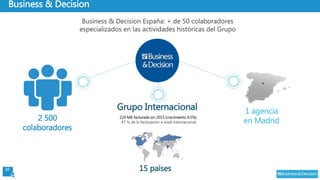 10
Business & Decision
Business & Decision España: + de 50 colaboradores
especializados en las actividades históricas del Grupo
Grupo Internacional
224 M€ facturado en 2015 (crecimiento 9,5%)
47 % de la facturación a nivel internacional
15 países
1 agencia
en Madrid2 500
colaboradores
 