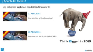 23
¡ Apunta las fechas !
11 Abril 2016 :
Qué significa la Bi colaborativa ?
18 Abril 2016 :
Presentación del Studio de BiBOARD
Los próximos Webinars con BiBOARD en abril :
 