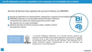 5
Una BI colaborativa a precios competitivos como respuesta a las necesidades de los clientes
« La Business Intelligence colaborativa es un mercado naciente y dinámico que
responde a las necesidades de las grandes organizaciones de transmitir y compartir
información entre un gran número de colaboradores. Identificamos en BiBOARD
una tecnología simple y eficaz que permite responder a esta expectativa con un
modelo económico agresivo, complementaria al resto de soluciones que
proponemos en nuestra oferta global »
Business & Decision esta orgulloso de anunciar la alianza con BiBOARD :
Asociar la experiencia en asesoramiento, integración y soporte a la tecnología BiBOARD
BiBOARD responde a una necesidad real del mercado: la difusión
compartida de cuadros de mando ergonómicos entre miles
de usuarios con un coste controlado.
Solución de éxito en Francia en pocos meses : España, camino
de expansión natural
Frederic Sanchez
Country Director
@Business & Decision
 