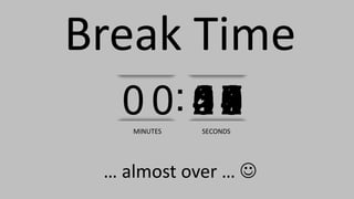 987654321000543210987654321098765432109876543210987654321098765432100 0:
SECONDSMINUTES
Break Time
… almost over … ☺
 