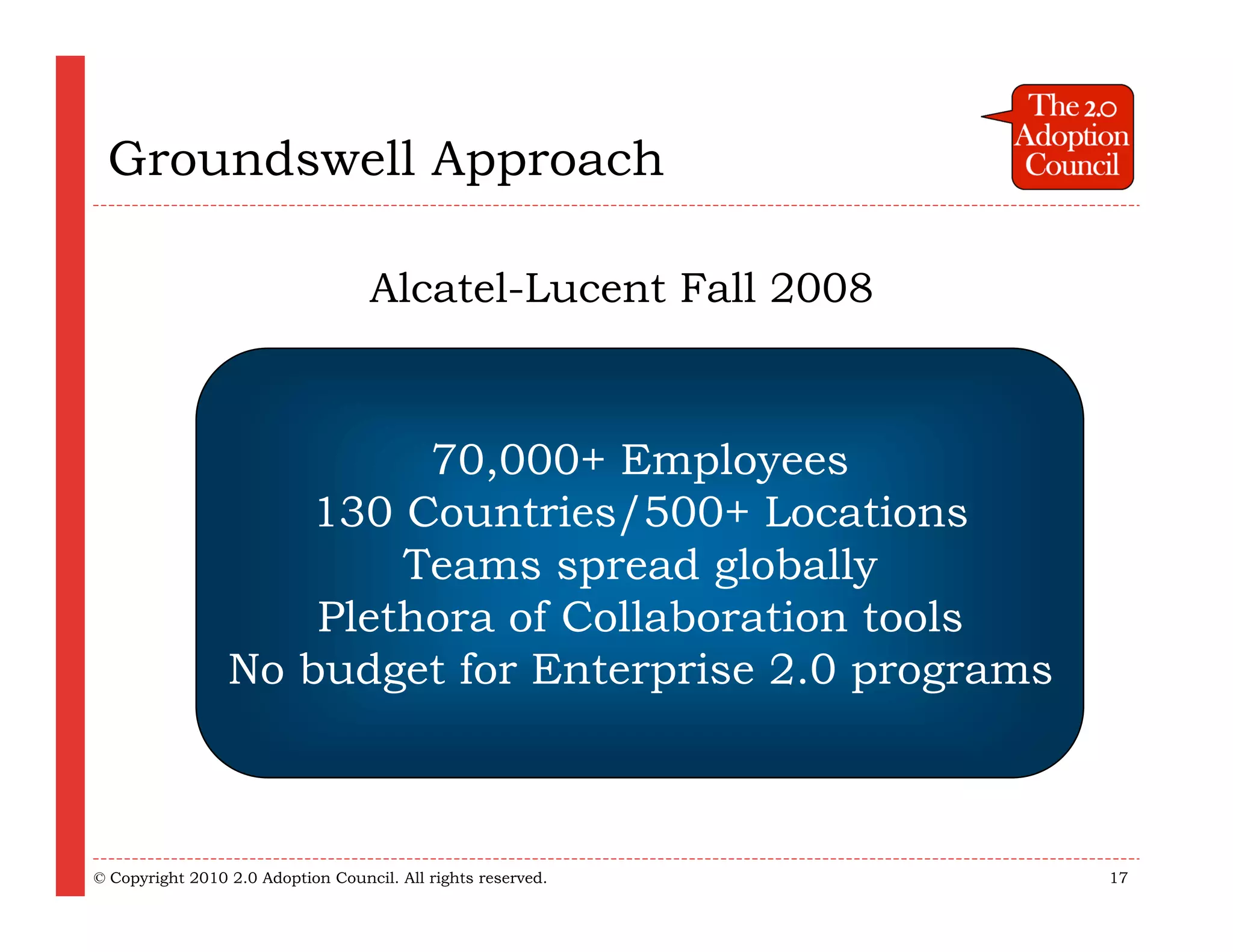 Groundswell Approach

                                   Alcatel-Lucent Fall 2008



                          70,000+ Employees
                    130 Countries/500+ Locations
                         Teams spread globally
                     Plethora of Collaboration tools
                 No budget for Enterprise 2.0 programs



© Copyright 2010 2.0 Adoption Council. All rights reserved.   17
 