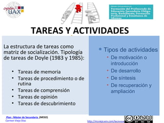 Plan : Máster de Secundaria (MESO)
Carmen Viejo Díaz
TAREAS Y ACTIVIDADES
La estructura de tareas como
matriz de socialización. Tipología
de tareas de Doyle (1983 y 1985):
• Tareas de memoria
• Tareas de procedimiento o de
rutina
• Tareas de comprensión
• Tareas de opinión
• Tareas de descubrimiento
 Tipos de actividades
• De motivación o
introducción
• De desarrollo
• De síntesis
• De recuperación y
ampliación
 