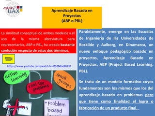 Objetivos Generales
Plan : Máster de Secundaria (MESO)
Carmen Viejo Díaz
Paralelamente, emerge en las Escuelas
de Ingeniería de las Universidades de
Roskilde y Aalborg, en Dinamarca, un
nuevo enfoque pedagógico basado en
proyectos, Aprendizaje Basado en
Proyectos, ABP (Project Based Learning,
PBL).
Se trata de un modelo formativo cuyos
fundamentos son los mismos que los del
aprendizaje basado en problemas pero
que tiene como finalidad el logro o
fabricación de un producto final.
Aprendizaje Basado en
Proyectos
(ABP o PBL)
La similitud conceptual de ambos modelos y el
uso de la misma abreviatura para
representarlos, ABP o PBL, ha creado bastante
confusión respecto de estos dos términos.
https://www.youtube.com/watch?v=lZS2MbxBGCM
 