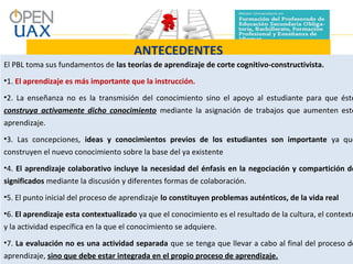 ANTECEDENTES
El PBL toma sus fundamentos de las teorías de aprendizaje de corte cognitivo-constructivista.
•1. El aprendizaje es más importante que la instrucción.
•2. La enseñanza no es la transmisión del conocimiento sino el apoyo al estudiante para que éste
construya activamente dicho conocimiento mediante la asignación de trabajos que aumenten este
aprendizaje.
•3. Las concepciones, ideas y conocimientos previos de los estudiantes son importante ya que
construyen el nuevo conocimiento sobre la base del ya existente
•4. El aprendizaje colaborativo incluye la necesidad del énfasis en la negociación y compartición de
significados mediante la discusión y diferentes formas de colaboración.
•5. El punto inicial del proceso de aprendizaje lo constituyen problemas auténticos, de la vida real
•6. El aprendizaje esta contextualizado ya que el conocimiento es el resultado de la cultura, el contexto
y la actividad específica en la que el conocimiento se adquiere.
•7. La evaluación no es una actividad separada que se tenga que llevar a cabo al final del proceso de
aprendizaje, sino que debe estar integrada en el propio proceso de aprendizaje.
 