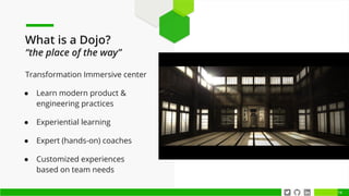14
What is a Dojo?
“the place of the way”
Transformation Immersive center
● Learn modern product &
engineering practices
● Experiential learning
● Expert (hands-on) coaches
● Customized experiences
based on team needs
 