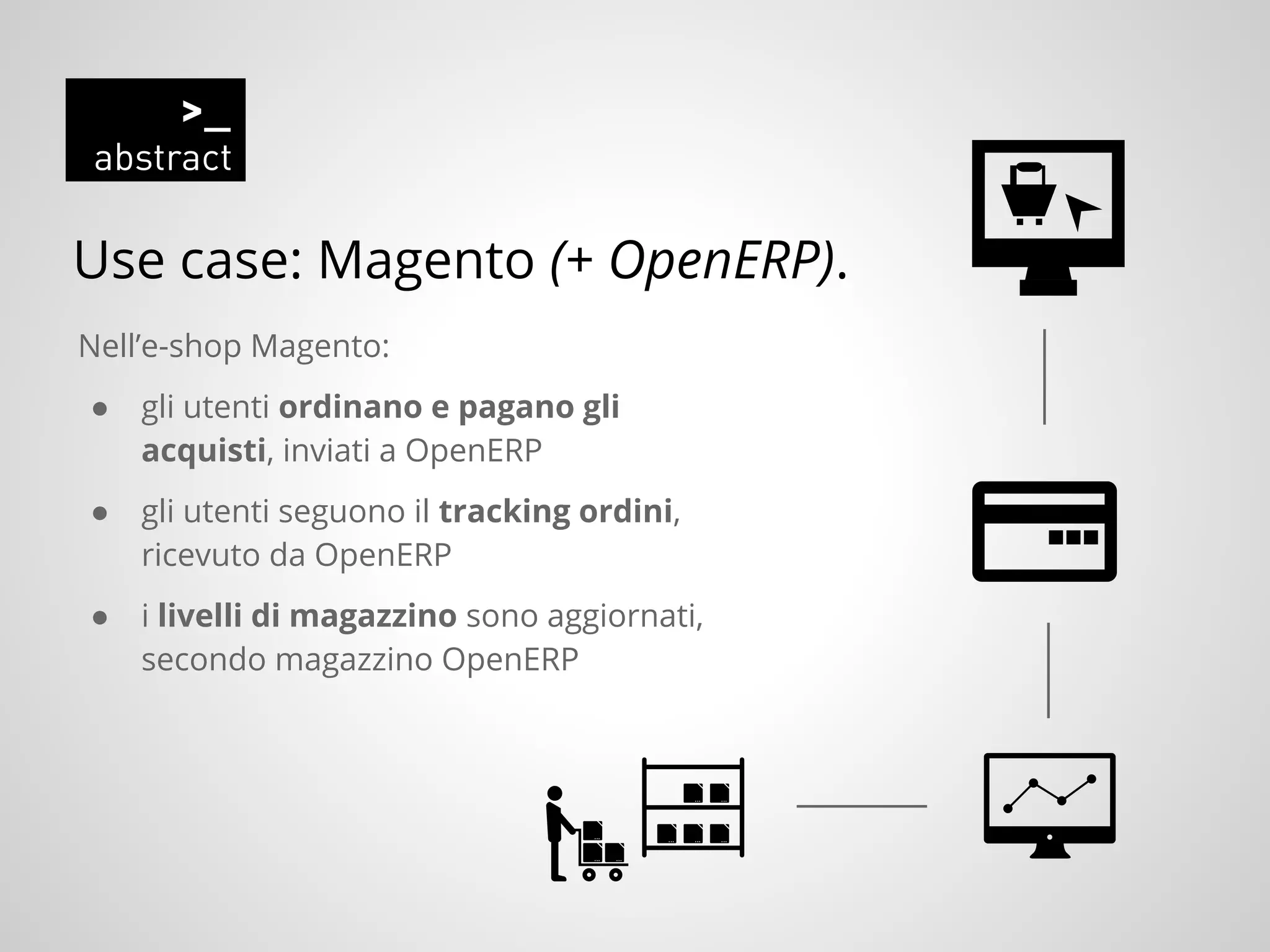 Use case: Magento (+ OpenERP).
Nell’e-shop Magento:
● gli utenti ordinano e pagano gli
acquisti, inviati a OpenERP
● gli utenti seguono il tracking ordini,
ricevuto da OpenERP
● i livelli di magazzino sono aggiornati,
secondo magazzino OpenERP
 