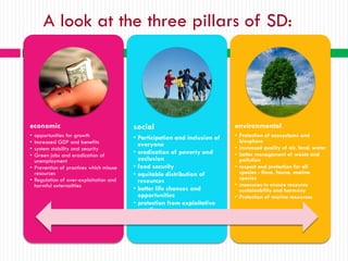 A look at the three pillars of SD:




economic                                 social                             environmental
• opportunities for growth               • Participation and inclusion of   • Protection of ecosystems and
• increased GDP and benefits                                                  biosphere
                                           everyone                         • increased quality of air, land, water
• system stability and security
• Green jobs and eradication of
                                         • eradication of poverty and       • better management of waste and
  unemployment                             exclusion                          pollution
• Prevention of practices which misuse   • food security                    • respect and protection for all
  resources                              • equitable distribution of          species - flora, fauna, marine
• Regulation of over-exploitation and                                         species
                                           resources
  harmful externalities                                                     • measures to ensure resource
                                         • better life chances and            sustainability and harmony
                                           opportunities                    • Protection of marine resources
                                         • protection from exploitative
                                           practices
 