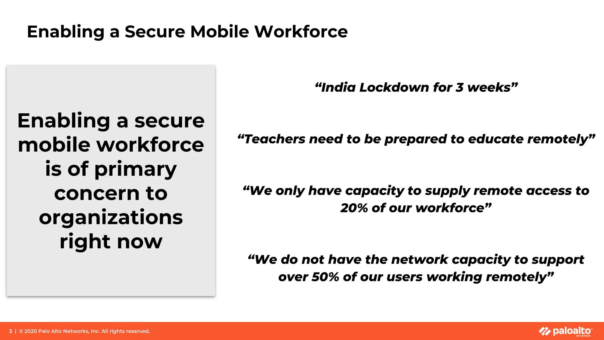 Enabling a Secure Mobile Workforce
3 | © 2020 Palo Alto Networks, Inc. All rights reserved.
“India Lockdown for 3 weeks”
“Teachers need to be prepared to educate remotely”
“We only have capacity to supply remote access to
20% of our workforce”
“We do not have the network capacity to support
over 50% of our users working remotely”
Enabling a secure
mobile workforce
is of primary
concern to
organizations
right now
 