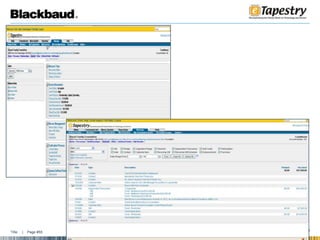 eTapestry ModulesEach module below includes pre-determined list of User Defined Fields that we will insert into your database and we’ll auto-magically also create important Queries and Reports to complement those new fields.Volunteer Management, Planned Giving, Grant Tracking & Membership Packages Include:Pre-consultation questionnaire filled out to identify client’s current volunteer program & processDonor User Defined FieldsJournal User Defined FieldsPre-built Queries & Reports1hr walk-thru with Consultant to review the module bundle (UDFs, Queries, Reports)30 minute data entry simulation1-2 page documentation(left with client)