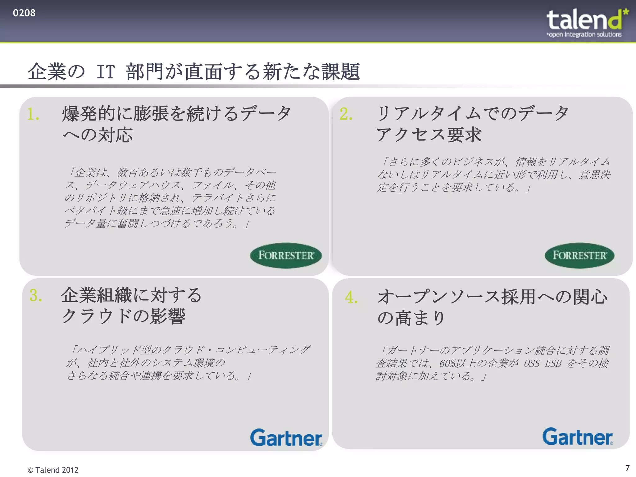 0208




  企業の IT 部門が直面する新たな課題

  1.      爆発的に膨張を続けるデータ              2.   リアルタイムでのデータ
          への対応                            アクセス要求
                                          「さらに多くのビジネスが、情報をリアルタイム
           「企業は、数百あるいは数千ものデータベー           ないしはリアルタイムに近い形で利用し、意思決
           ス、データウェアハウス、ファイル、その他           定を行うことを要求している。」
           のリポジトリに格納され、テラバイトさらに
           ペタバイト級にまで急速に増加し続けている
           データ量に奮闘しつづけるであろう。」




  3. 企業組織に対する                        4. オープンソース採用への関心
     クラウドの影響                            の高まり
           「ハイブリッド型のクラウド・コンピューティング        「ガートナーのアプリケーション統合に対する調
           が、社内と社外のシステム環境の                査結果では、60%以上の企業が OSS ESB をその検
           さらなる統合や連携を要求している。」             討対象に加えている。」




  © Talend 2012                                                          7
 