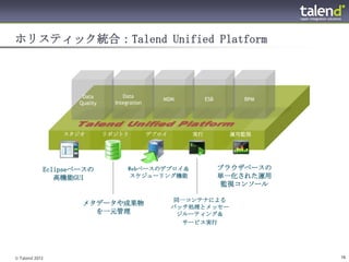 ホリスティック統合：Talend Unified Platform



                    Data          Data
                                                MDM         ESB       BPM
                   Quality     Integration




                スタジオ         リポジトリ           デプロイ      実行          運用監視




            Eclipseベースの             Webベースのデプロイ＆                  ブラウザベースの
               高機能GUI               スケジューリング機能                    単一化された運用
                                                                  監視コンソール

                                                    同一コンテナによる
                    メタデータや成果物
                                                    バッチ処理とメッセー
                      を一元管理                          ジルーティング＆
                                                      サービス実行




© Talend 2012                                                                16
 