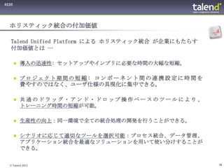 0220




  ホリスティック統合の付加価値

   Talend Unified Platform による ホリスティック統合 が企業にもたらす
   付加価値とは …

        導入の迅速性: セットアップやインプリに必要な時間の大幅な短縮。


        プロジェクト期間の短縮: コンポーネント間の連携設定に時間を
         費やすのではなく、ユーザ仕様の具現化に集中できる。

        共通のドラッグ・アンド・ドロップ操作ベースのツールにより、
         トレーニング時間の短縮が可能。

        生産性の向上：同一環境で全ての統合処理の開発を行うことができる。


        シナリオに応じて適切なツールを選択可能：プロセス統合、データ管理、
         アプリケーション統合を最適なソリューションを用いて使い分けすることが
         できる。


  © Talend 2012                                     18
 