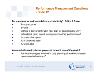 Performance Management Questions
- Slide 12
Do you measure and track delivery productivity? Office & Street
By route/carri...