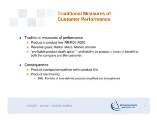 Traditional Measures of
Customer Performance
Traditional measures of performance
Product or product line IRR/ROI, ROIC
Rev...