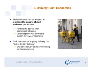 3. Delivery Point Economics
16
Delivery routes can be adapted to
optimize the density of mail
delivered per address
Hold m...