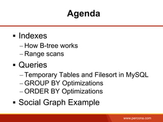 www.percona.com
§  Indexes
– How B-tree works
– Range scans
§  Queries
– Temporary Tables and Filesort in MySQL
– GROUP ...