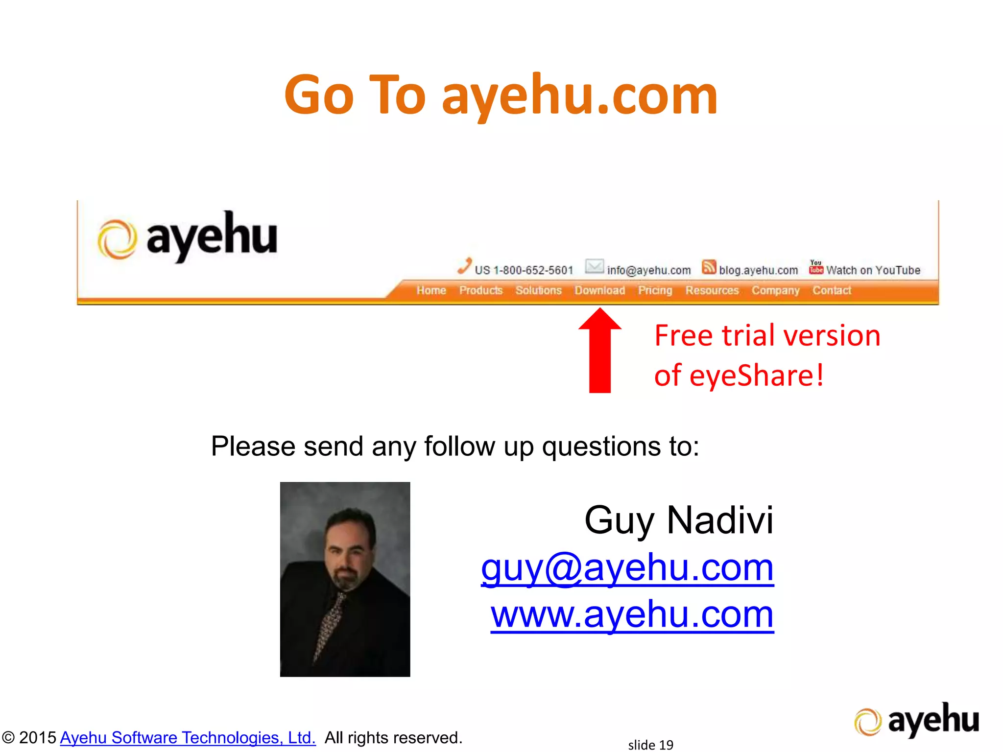 © 2015 Ayehu Software Technologies, Ltd. All rights reserved.
Please send any follow up questions to:
Guy Nadivi
guy@ayehu.com
www.ayehu.com
slide 19
Go To ayehu.com
Free trial version
of eyeShare!
 