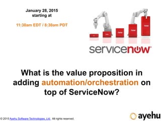 © 2015 Ayehu Software Technologies, Ltd. All rights reserved.
What is the value proposition in
adding automation/orchestration on
top of ServiceNow?
January 28, 2015
starting at
11:30am EDT / 8:30am PDT
 