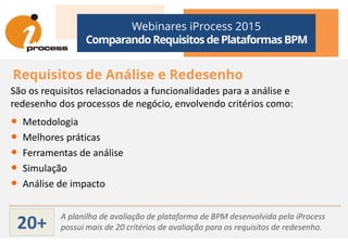 Webinares iProcess 2015
Comparando Requisitos dePlataformas BPM
Requisitos de Análise e Redesenho
São os requisitos relacionados a funcionalidades para a análise e
redesenho dos processos de negócio, envolvendo critérios como:
• Metodologia• Metodologia
• Melhores práticas
• Ferramentas de análise
• Simulação
• Análise de impacto
A planilha de avaliação de plataforma de BPM desenvolvida pela iProcess
possui mais de 20 critérios de avaliação para os requisitos de redesenho.20+
 
