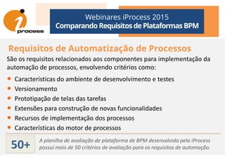 Webinares iProcess 2015
Comparando Requisitos dePlataformas BPM
Requisitos de Automatização de Processos
São os requisitos relacionados aos componentes para implementação da
automação de processos, envolvendo critérios como:
• Características do ambiente de desenvolvimento e testes• Características do ambiente de desenvolvimento e testes
• Versionamento
• Prototipação de telas das tarefas
• Extensões para construção de novas funcionalidades
• Recursos de implementação dos processos
• Características do motor de processos
A planilha de avaliação de plataforma de BPM desenvolvida pela iProcess
possui mais de 50 critérios de avaliação para os requisitos de automação.50+
 