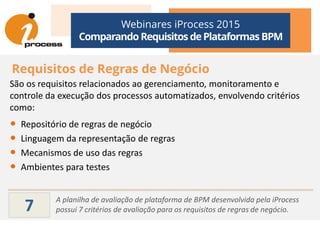 Webinares iProcess 2015
Comparando Requisitos dePlataformas BPM
Requisitos de Regras de Negócio
São os requisitos relacionados ao gerenciamento, monitoramento e
controle da execução dos processos automatizados, envolvendo critérios
como:como:
• Repositório de regras de negócio
• Linguagem da representação de regras
• Mecanismos de uso das regras
• Ambientes para testes
A planilha de avaliação de plataforma de BPM desenvolvida pela iProcess
possui 7 critérios de avaliação para os requisitos de regras de negócio.7
 