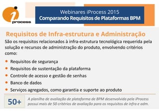 Webinares iProcess 2015
Comparando Requisitos dePlataformas BPM
Requisitos de Infra-estrutura e Administração
São os requisitos relacionados à infra-estrutura tecnológica requerida pela
solução e recursos de administração do produto, envolvendo critérios
como:como:
• Requisitos de segurança
• Requisitos de sustentação da plataforma
• Controle de acesso e gestão de senhas
• Banco de dados
• Serviços agregados, como garantia e suporte ao produto
A planilha de avaliação de plataforma de BPM desenvolvida pela iProcess
possui mais de 50 critérios de avaliação para os requisitos de infra e adm.50+
 