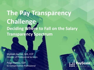 The Pay Transparency
Challenge
Deciding Where to Fall on the Salary
Transparency Spectrum
Mykkah Herner, MA, CCP
Director of Professional Services
Paige Hanley, CCP
Sr. Compensation Professional
 