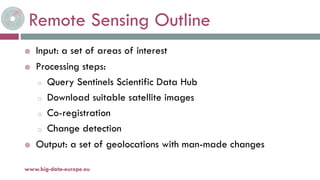 Remote Sensing Outline
 Input: a set of areas of interest
 Processing steps:
o Query Sentinels Scientific Data Hub
o Download suitable satellite images
o Co-registration
o Change detection
 Output: a set of geolocations with man-made changes
19-nov.-15www.big-data-europe.eu
 