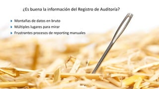 Montañas de datos en bruto
Múltiples lugares para mirar
Frustrantes procesos de reporting manuales
¿Es buena la información del Registro de Auditoría?
 