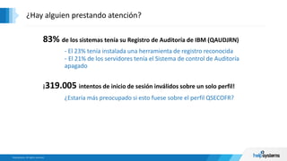 83% de los sistemas tenía su Registro de Auditoría de IBM (QAUDJRN)
- El 23% tenía instalada una herramienta de registro reconocida
- El 21% de los servidores tenía el Sistema de control de Auditoría
apagado
¡319.005 intentos de inicio de sesión inválidos sobre un solo perfil!
¿Estaría más preocupado si esto fuese sobre el perfil QSECOFR?
¿Hay alguien prestando atención?
 