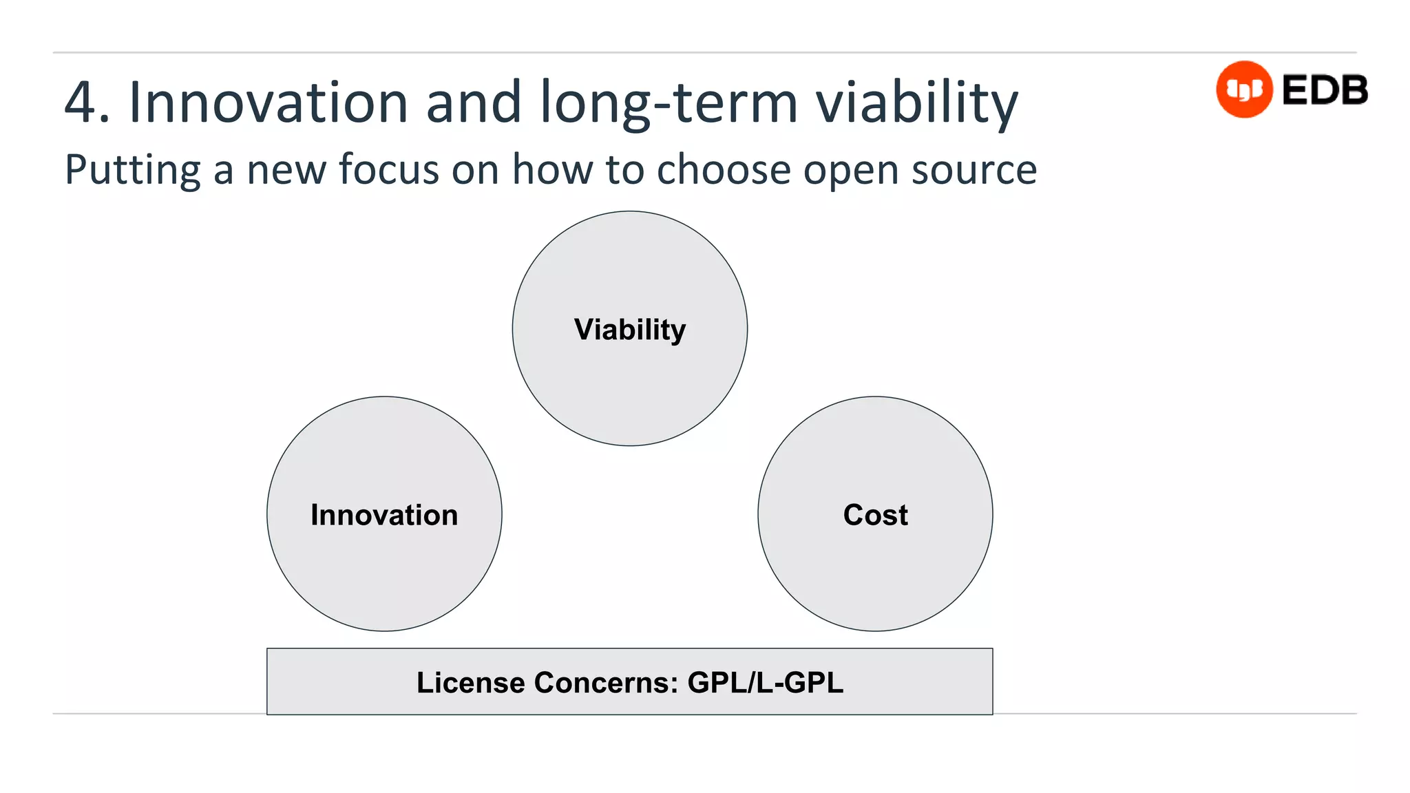 4. Innovation and long-term viability
Putting a new focus on how to choose open source
License Concerns: GPL/L-GPL
Innovation
Viability
Cost
 