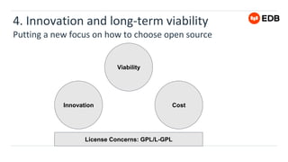 4. Innovation and long-term viability
Putting a new focus on how to choose open source
License Concerns: GPL/L-GPL
Innovation
Viability
Cost
 