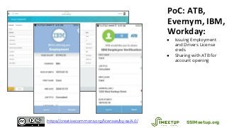 PoC: ATB,
Evernym, IBM,
Workday:
● Issuing Employment
and Drivers License
creds
● Sharing with ATB for
account opening
SSIMeetup.orghttps://creativecommons.org/licenses/by-sa/4.0/
 