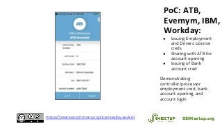 PoC: ATB,
Evernym, IBM,
Workday:
● Issuing Employment
and Drivers License
creds
● Sharing with ATB for
account opening
● Issuing of Bank
account cred
Demonstrating
controller/processor
employment cred, bank
account opening, and
account login
SSIMeetup.orghttps://creativecommons.org/licenses/by-sa/4.0/
 