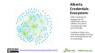 Alberta
Credentials
Ecosystem:
ATB in leading the
engagement of
universities, telcos,
utilities, insurance,
municipal gov and
provincial gov
Looking to build out a
robust ecosystem issuing
and verifying diverse set
of credentials
SSIMeetup.orghttps://creativecommons.org/licenses/by-sa/4.0/
 