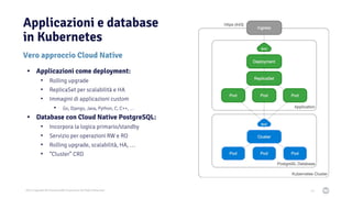 2021 Copyright © EnterpriseDB Corporation All Rights Reserved
Applicazioni e database
in Kubernetes
Vero approccio Cloud Native
42
• Applicazioni come deployment:
• Rolling upgrade
• ReplicaSet per scalabilità e HA
• Immagini di applicazioni custom
• Go, Django, Java, Python, C, C++, …
• Database con Cloud Native PostgreSQL:
• Incorpora la logica primario/standby
• Servizio per operazioni RW e RO
• Rolling upgrade, scalabilità, HA, …
• “Cluster” CRD
 