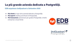 2021 Copyright © EnterpriseDB Corporation All Rights Reserved
La più grande azienda dedicata a PostgreSQL
5
EDB acquisisce 2ndQuadrant a Settembre 2020
● Più clienti: di ogni altra azienda dedicata a PostgreSQL
● Più esperti: leading contributor di PostgreSQL
● Più innovazione: posizionare per guidare PostgreSQL a livello
enterprise e cloud ibrido
 