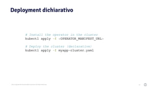 2021 Copyright © EnterpriseDB Corporation All Rights Reserved
Deployment dichiarativo
59
# Install the operator in the cluster
kubectl apply -f <OPERATOR_MANIFEST_URL>
# Deploy the cluster (declarative)
kubectl apply -f myapp-cluster.yaml
 