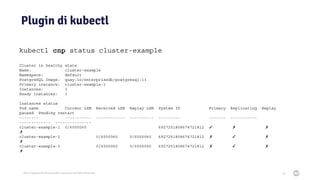 2021 Copyright © EnterpriseDB Corporation All Rights Reserved
Plugin di kubectl
61
kubectl cnp status cluster-example
Cluster in healthy state
Name: cluster-example
Namespace: default
PostgreSQL Image: quay.io/enterprisedb/postgresql:13
Primary instance: cluster-example-1
Instances: 3
Ready instances: 3
Instances status
Pod name Current LSN Received LSN Replay LSN System ID Primary Replicating Replay
paused Pending restart
-------- ----------- ------------ ---------- --------- ------- -----------
------------- ---------------
cluster-example-1 0/6000060 6927251808674721812 ✓ ✗ ✗
✗
cluster-example-2 0/6000060 0/6000060 6927251808674721812 ✗ ✓ ✗
✗
cluster-example-3 0/6000060 0/6000060 6927251808674721812 ✗ ✓ ✗
✗
 