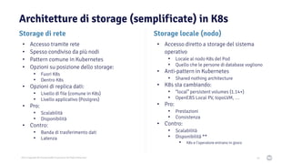 2021 Copyright © EnterpriseDB Corporation All Rights Reserved
Architetture di storage (semplificate) in K8s
65
Storage locale (nodo)
• Accesso diretto a storage del sistema
operativo
• Locale al nodo K8s del Pod
• Quello che le persone di database vogliono
• Anti-pattern in Kubernetes
• Shared nothing architecture
• K8s sta cambiando:
• “local” persistent volumes (1.14+)
• OpenEBS Local PV, topoLVM, …
• Pro:
• Prestazioni
• Consistenza
• Contro:
• Scalabilità
• Disponibilità **
• K8s e l’operatore entrano in gioco
Storage di rete
• Accesso tramite rete
• Spesso condiviso da più nodi
• Pattern comune in Kubernetes
• Opzioni su posizione dello storage:
• Fuori K8s
• Dentro K8s
• Opzioni di replica dati:
• Livello di file (comune in K8s)
• Livello applicativo (Postgres)
• Pro:
• Scalabilità
• Disponibilità
• Contro:
• Banda di trasferimento dati
• Latenza
 