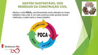 GESTÃO SUSTENTÁVEL DOS
RESÍDUOS DA CONSTRUÇÃO CIVIL
Abaixo o ciclo PDCA, uma ferramenta muito utilizada no nosso
trabalho e dia a dia. É um ciclo contínuo onde sempre haverá
melhorias, e assim será o nosso trabalho.
 