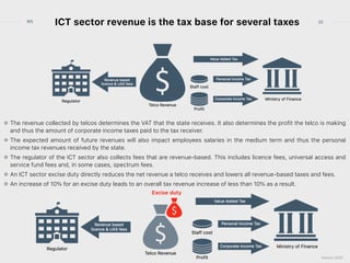 © Research ICT Solutions 2022
22
RIS
ICT sector revenue is the tax base for several taxes
The revenue collected by telcos determines the VAT that the state receives. It also determines the profit the telco is making
and thus the amount of corporate income taxes paid to the tax receiver.


The expected amount of future revenues will also impact employees salaries in the medium term and thus the personal
income tax revenues received by the state.


The regulator of the ICT sector also collects fees that are revenue-based. This includes licence fees, universal access and
service fund fees and, in some cases, spectrum fees.


An ICT sector excise duty directly reduces the net revenue a telco receives and lowers all revenue-based taxes and fees.


An increase of 10% for an excise duty leads to an overall tax revenue increase of less than 10% as a result.
 
